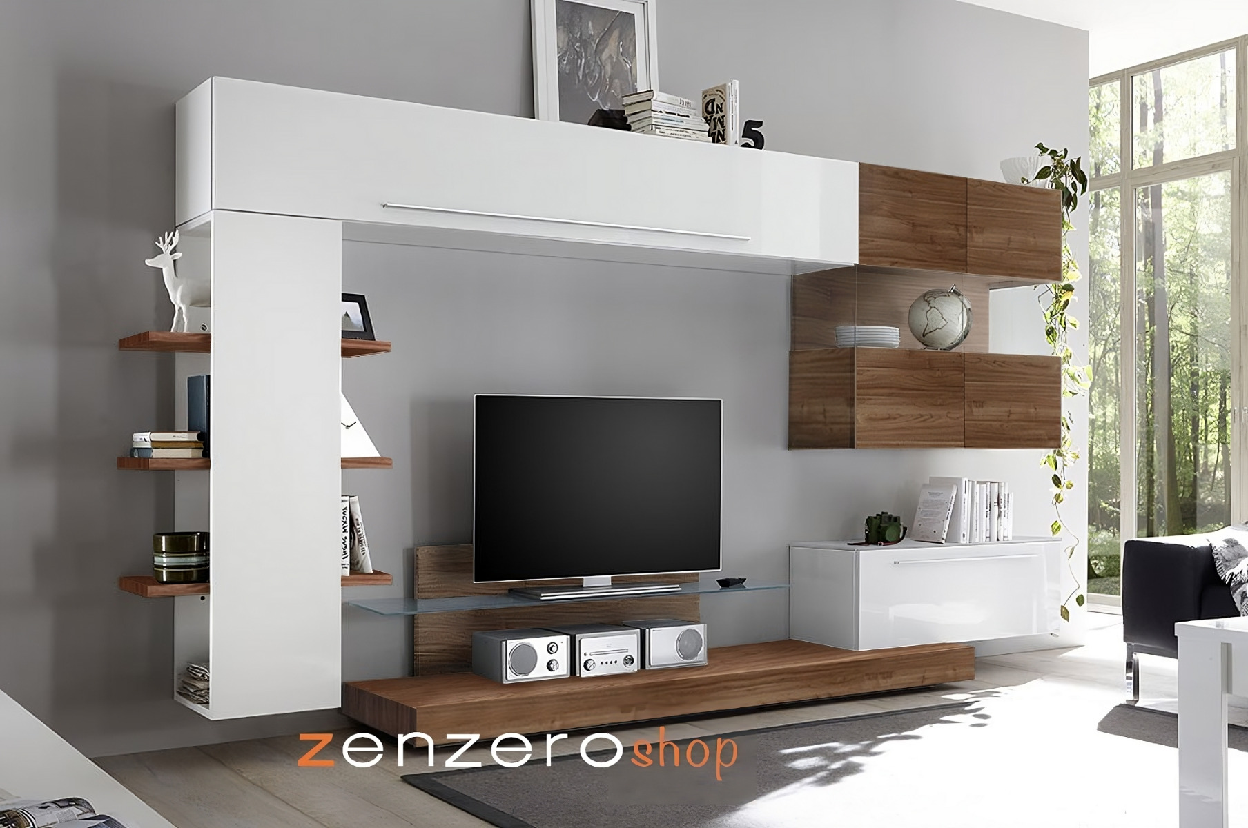 Soggiorno Zenzero moderno con parete attrezzata bianco lucido e noce dark