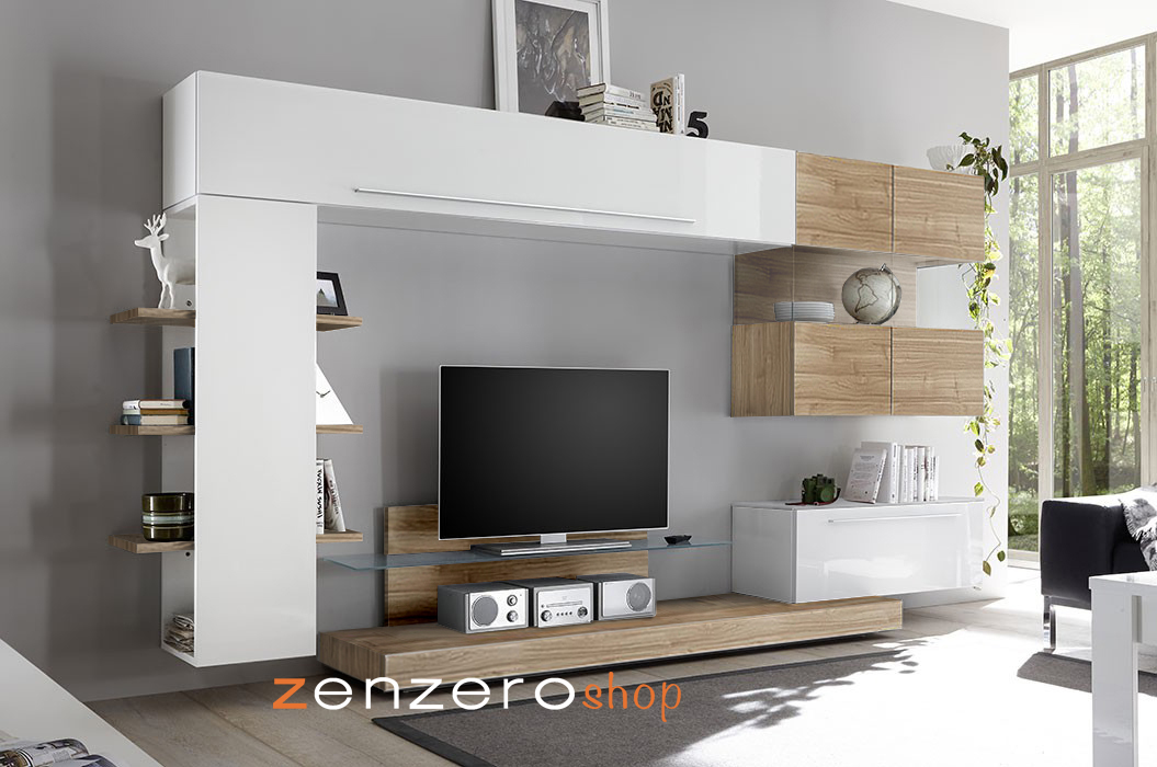 Soggiorno Zenzero moderno con parete attrezzata bianco lucido e noce stelvio