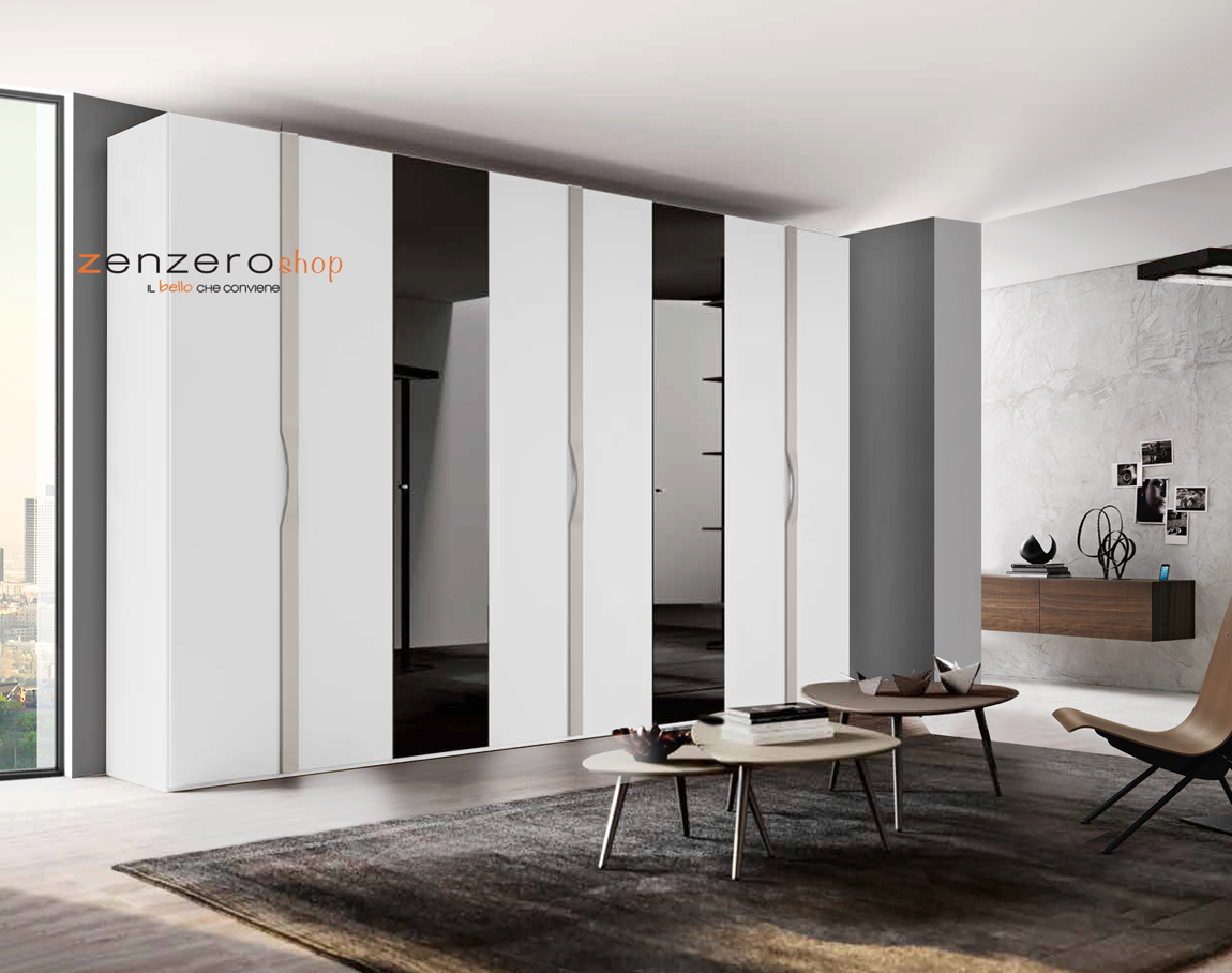Armadio moderno con 8 ante battenti e 2 ante specchio in finitura Bianco opaco e Grigio seta