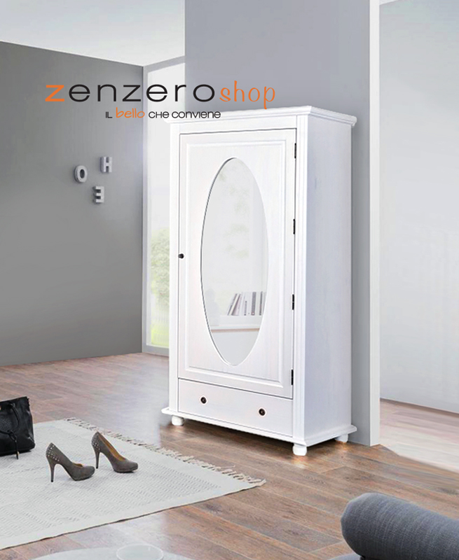 Armadio con piedini e un'anta con specchio in finitura bianco