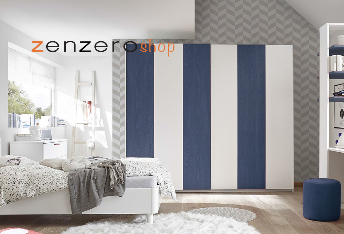 Cameretta moderna con letto una piazza mezza, armadio scorrevole e comodino, finitura Blu