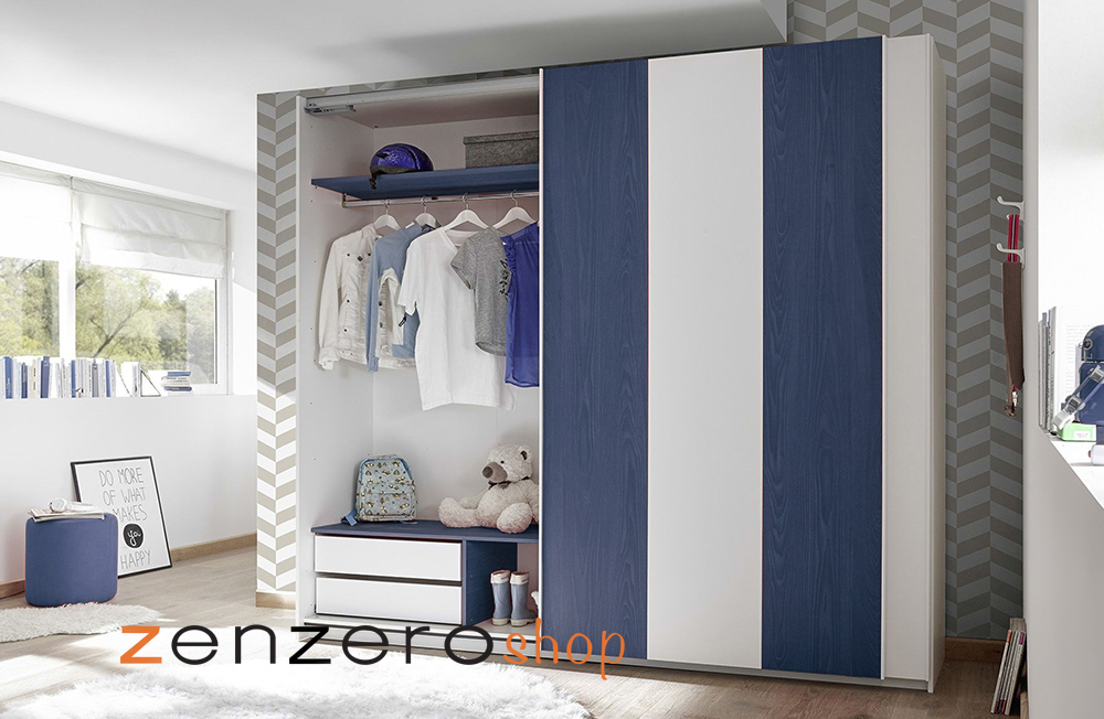 Cameretta moderna con letto imbottito e armadio vertigo blu H.230