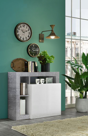 Soggiorno moderno di design composto da parete attrezzata e madia a 2 ante in finitura bianco e Cemento