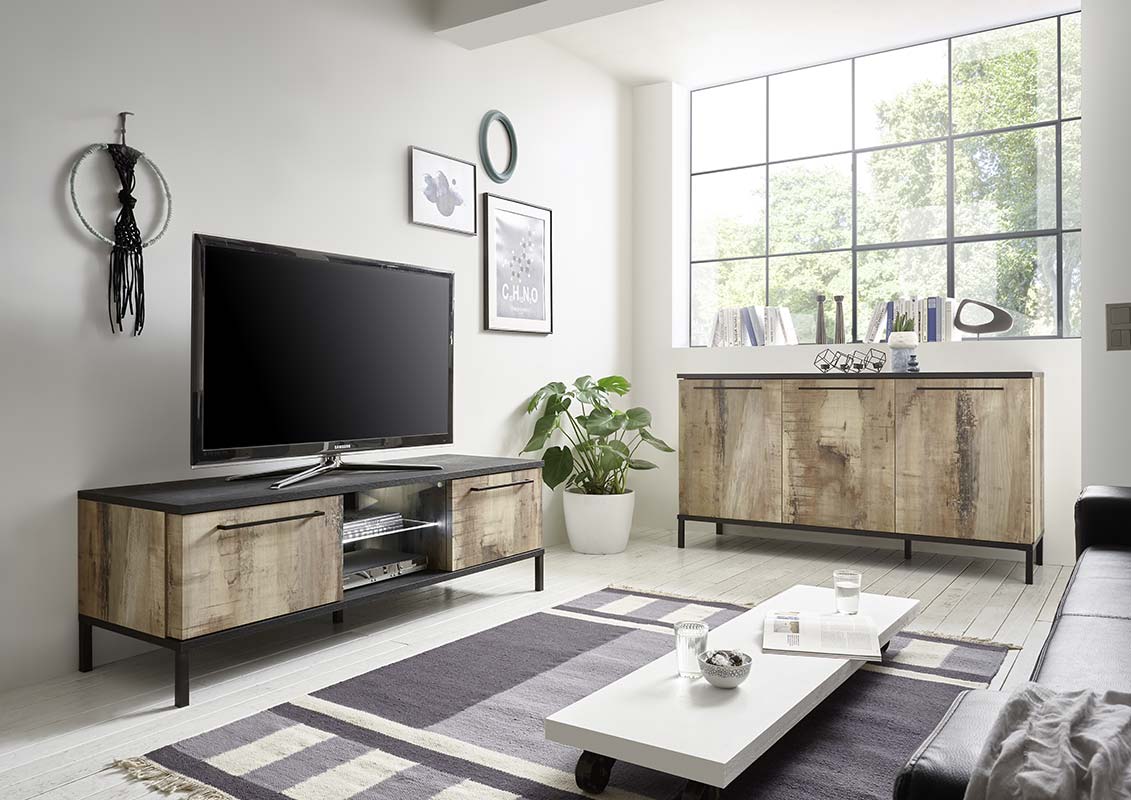 Soggiorno Industry con porta tv e madia in finitura Nero bruciato e Legno