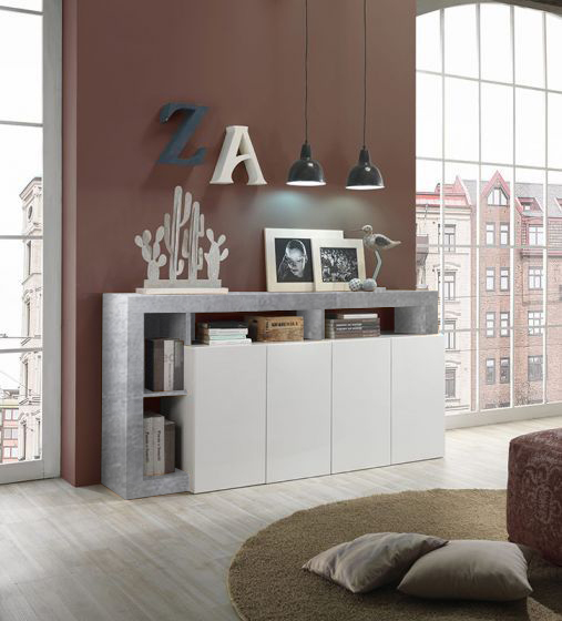 Soggiorno moderno completo in finitura bianco laccato lucido e Cemento