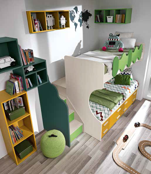 Letto a soppalco offerta: letto Megan in finitura betulla, giallo, verde prato e petrolio