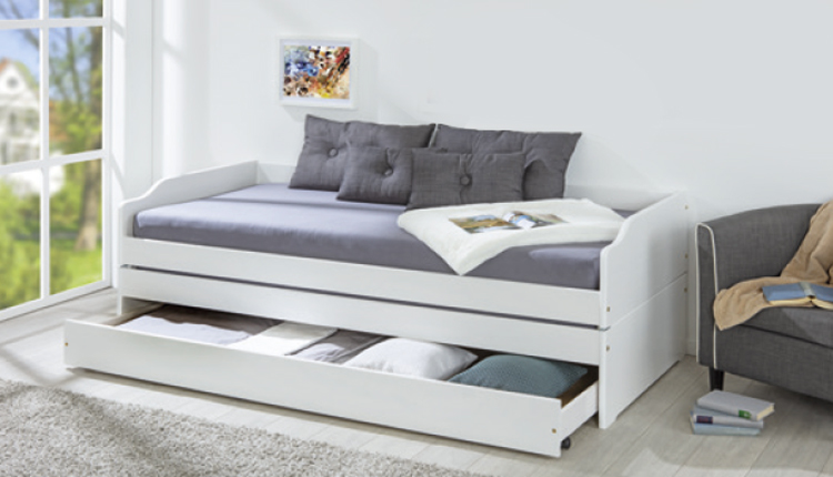 Pratico letto in pino massello con 3 letti in uno, disponibile bianco o legno naturale