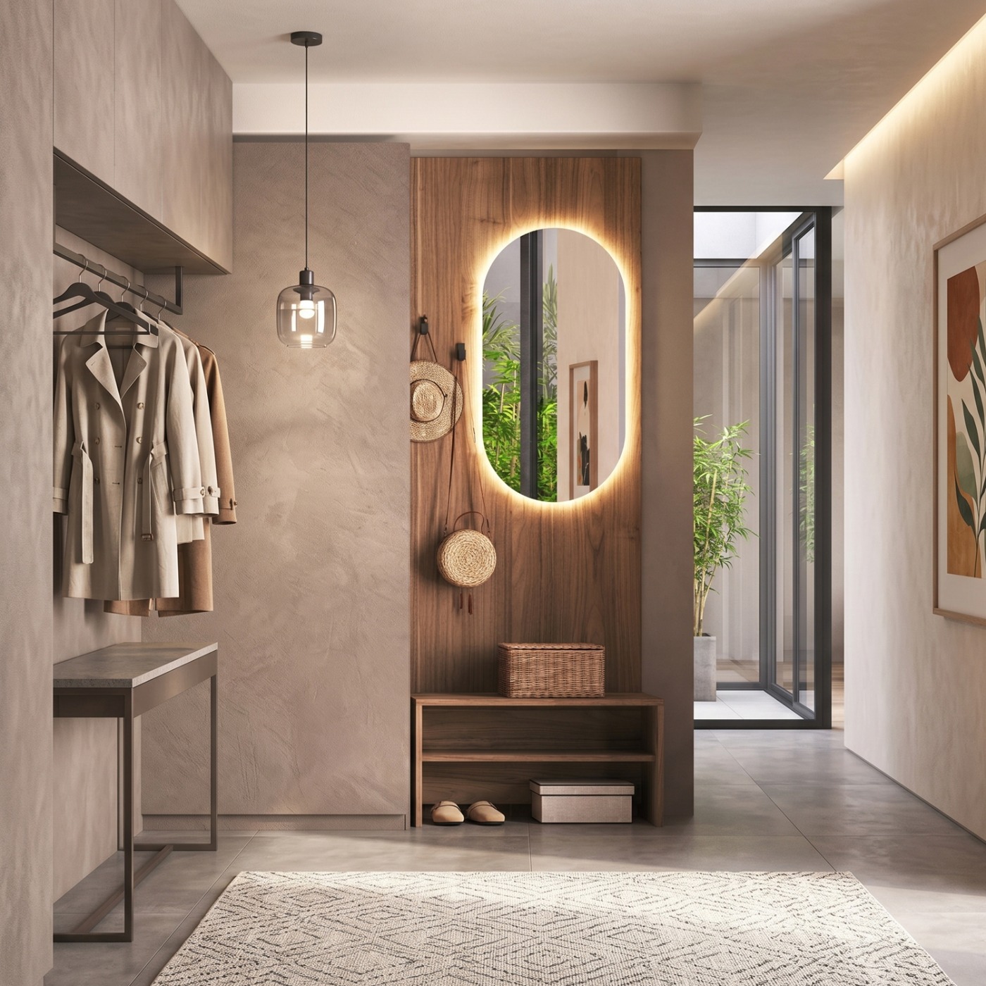 Ingresso con boiserie e panca, Noce caramello, L.88