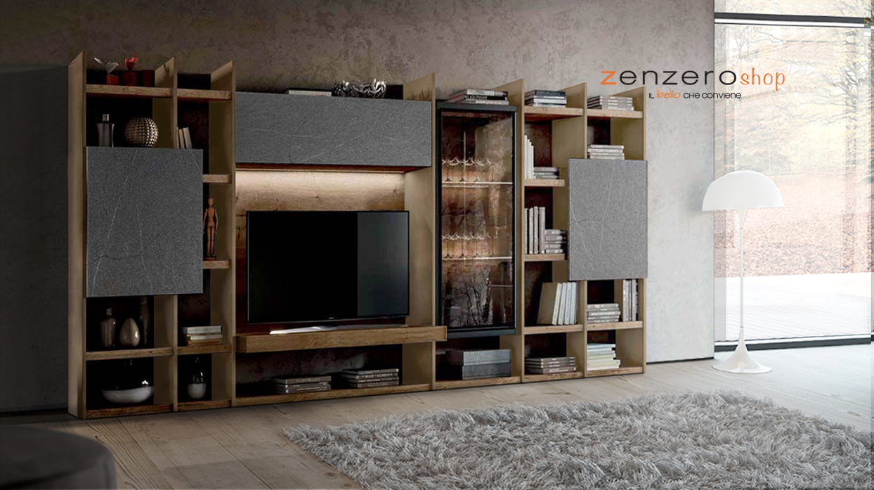 Parete  attrezzata di alta qualità in finitura Bronzo, Argilla e Rovere tabacco 