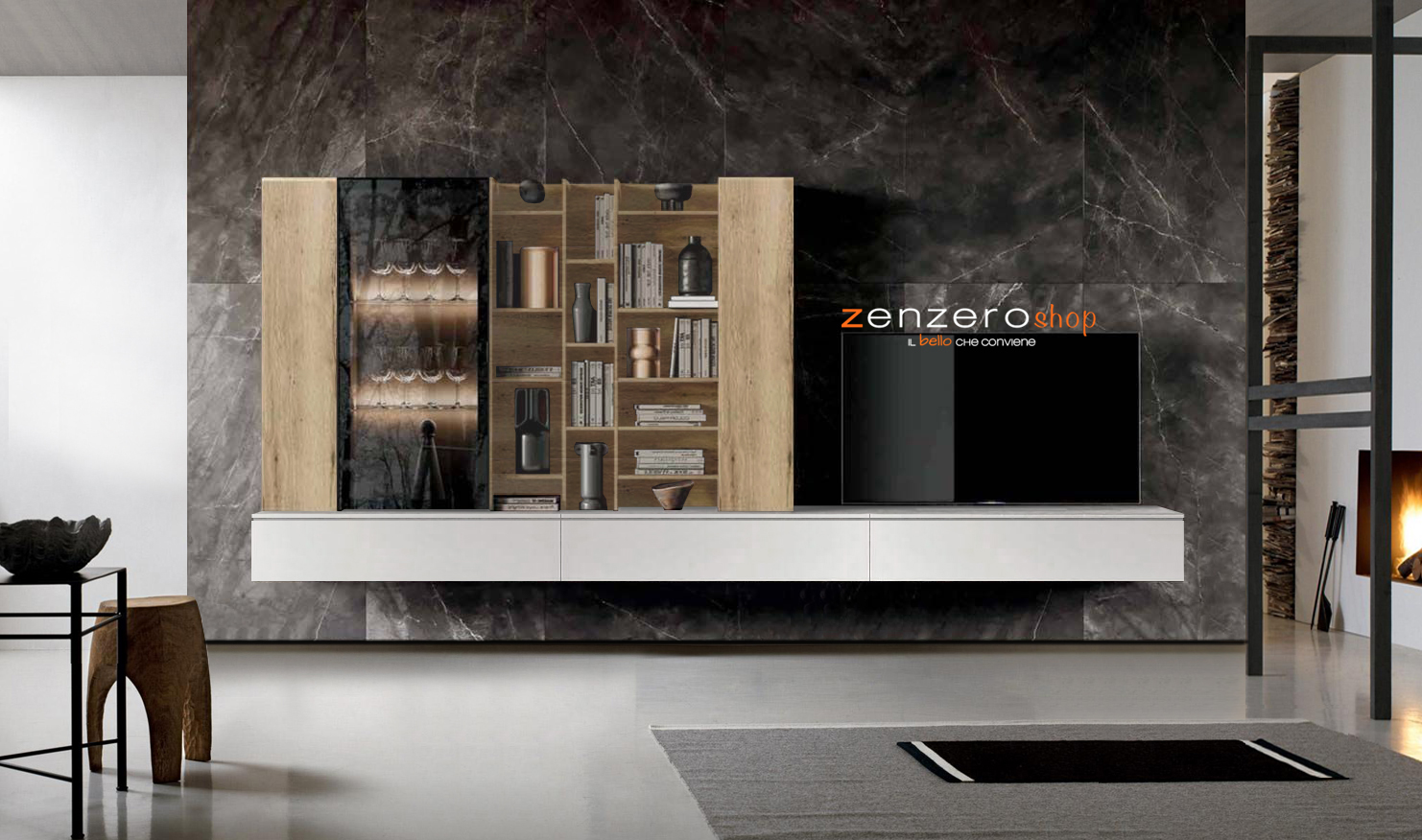 Parete attrezzata di alta qualità in finitura Bianco Opaco, Rovere Chiaro e Vetro fumè