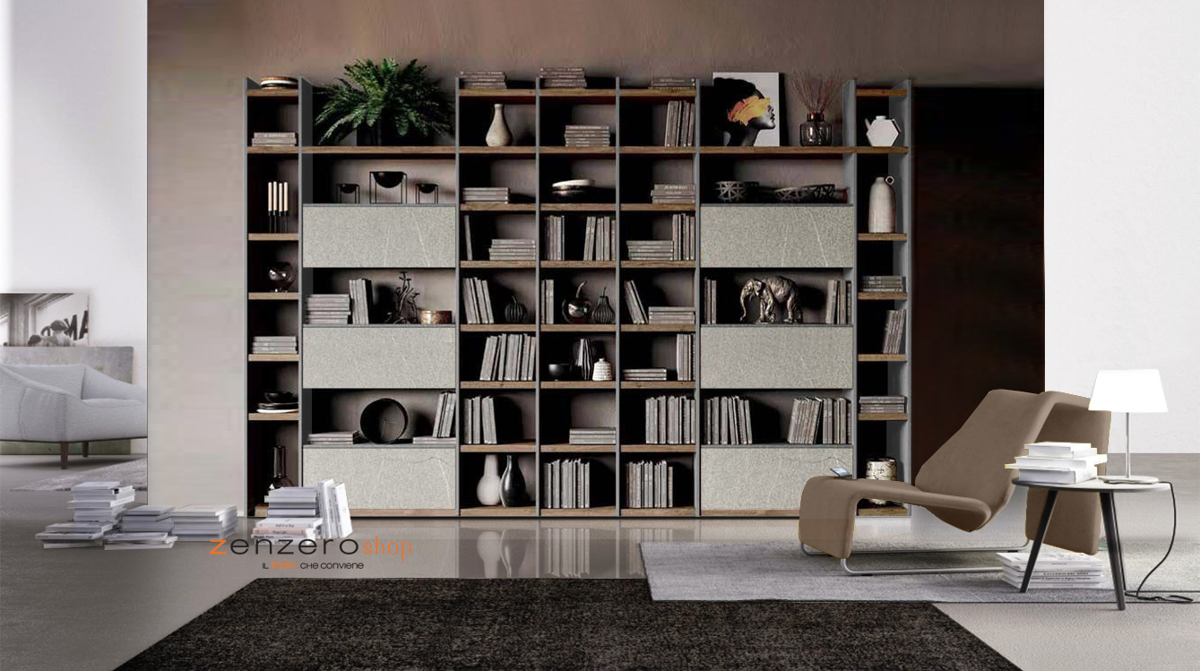 Parete attrezzata libreria di alta qualità in finitura Graniglia chiara, Grigio cenere e Rovere tabacco 