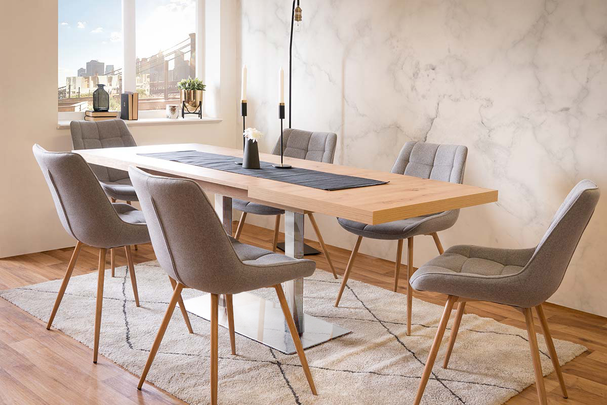 Tavolo allungabile Industry  con base centrale in finitura rovere ed acciaio