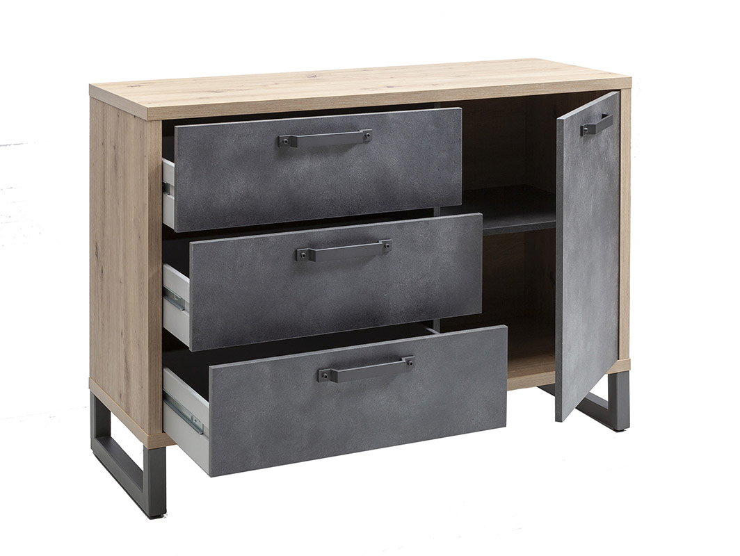 Madia/ comò Industry con 3 cassetti e un'anta in finitura Rovere e Grigio smoke