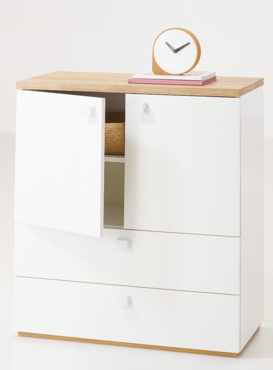 Madia multiuso L.90 con 2 ante e 2 cassetti in Bianco laccato e Rovere