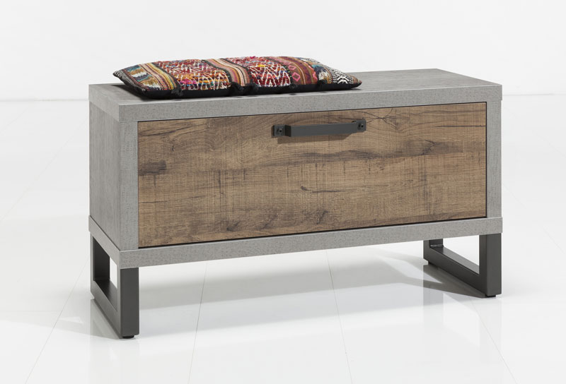 Composizione d'ingresso Industry con Armadio, Panca e Scarpiera, Cemento e Rovere invecchiato