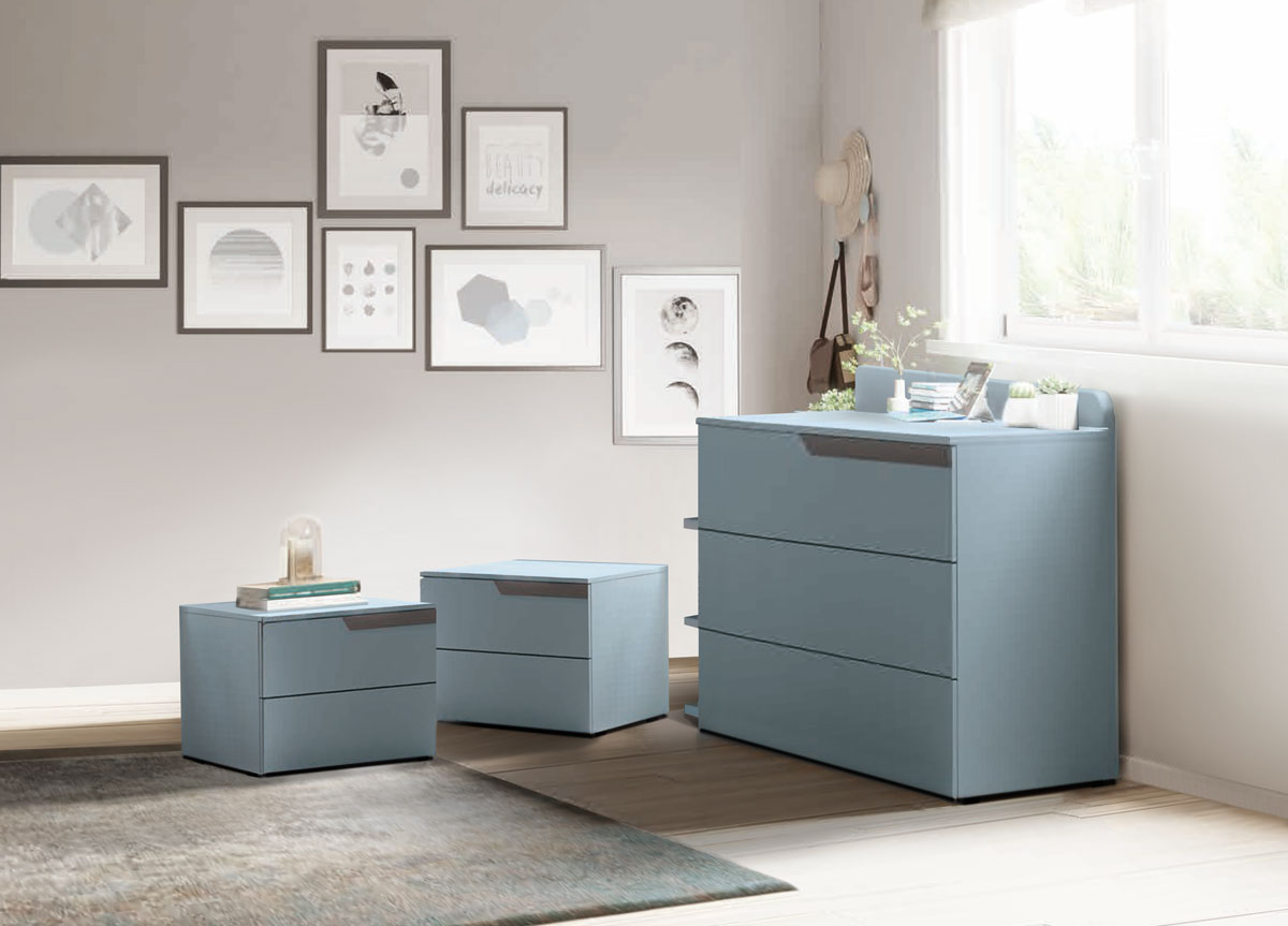 Set moderno zona notte, Comò e Comodini con apertura push-pull, finitura  Cadaques