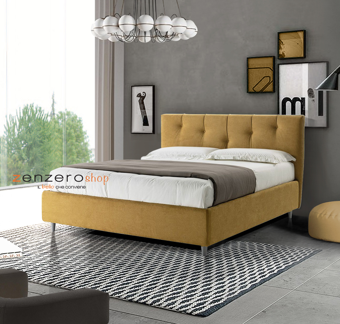 Letto contenitore Korban in tessuto in finitura  giallo ocra