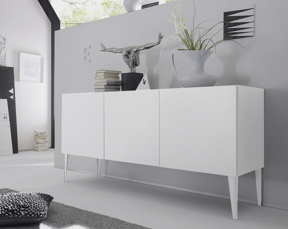 Credenza Moderna 3 ante, bianco opaco con piedini
