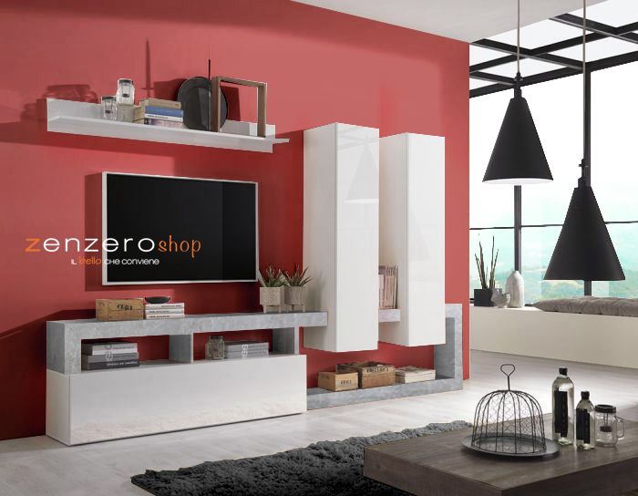 Soggiorno di design composto da parete attrezzata e madia a 3 ante in finitura bianco e Cemento