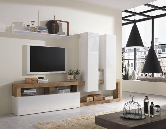 Parete attrezzata moderna con due pensili, bianca e pero