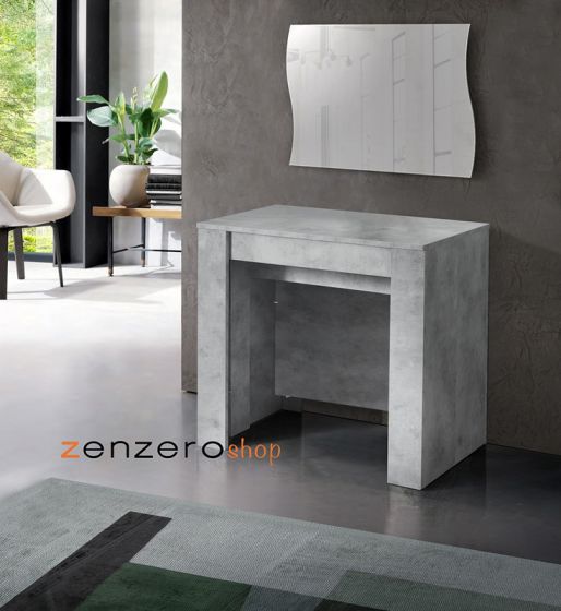 Soggiorno Bianco Lucido e cemento composto da consolle allungabile, specchio, madia 3 ante e libreria 