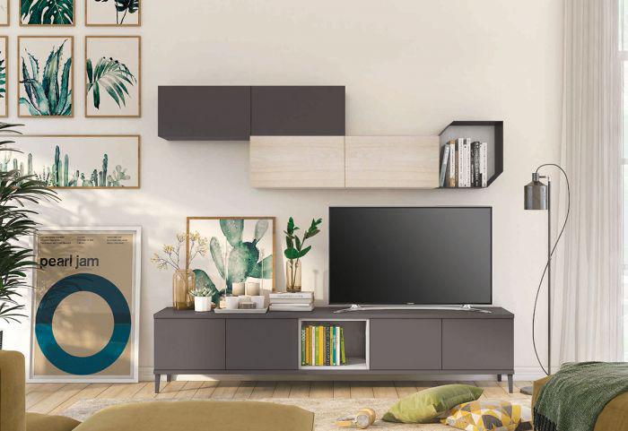 Parete attrezzata per la zona living, Grigia titanio con pensile noce brina