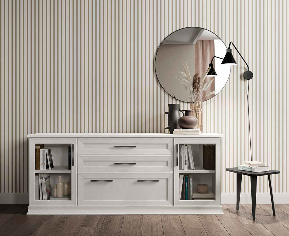 Mobile credenze Classic con 3 cassetti e 2 ante vetro in finitura Bucaneve