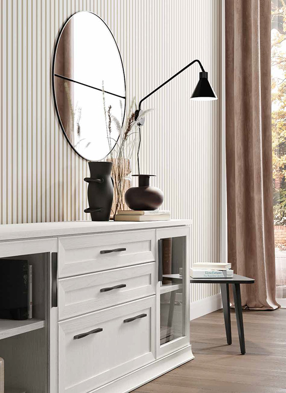 Mobile credenze Classic con 3 cassetti e 2 ante vetro in finitura Bucaneve