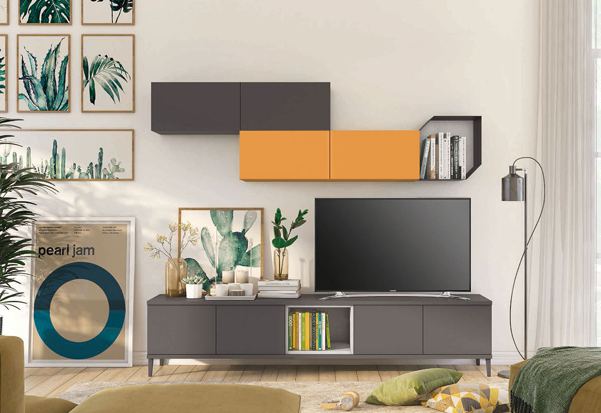 Parete attrezzata per la zona living, Grigia titanio con pensile Papaya
