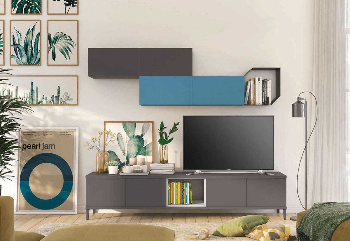 Parete attrezzata per la zona living, Grigio titanio con pensile Cadaques