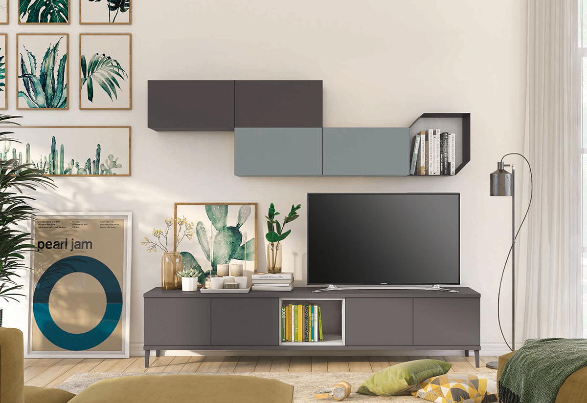 Parete attrezzata per la zona living, Grigia titanio con pensile Cadaques