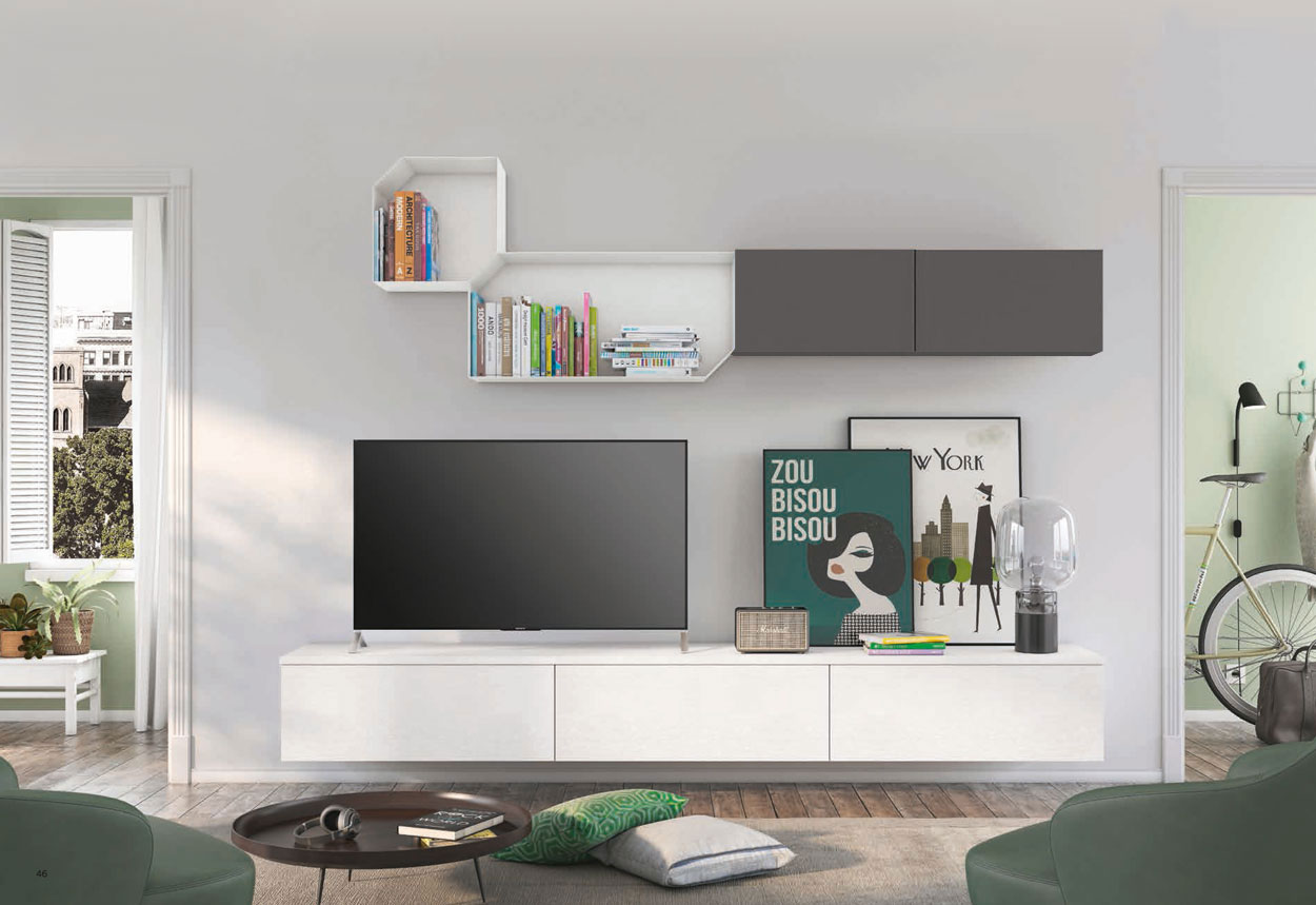 Parete attrezzata sospesa per zona living, rovere bianco e grigio titanio