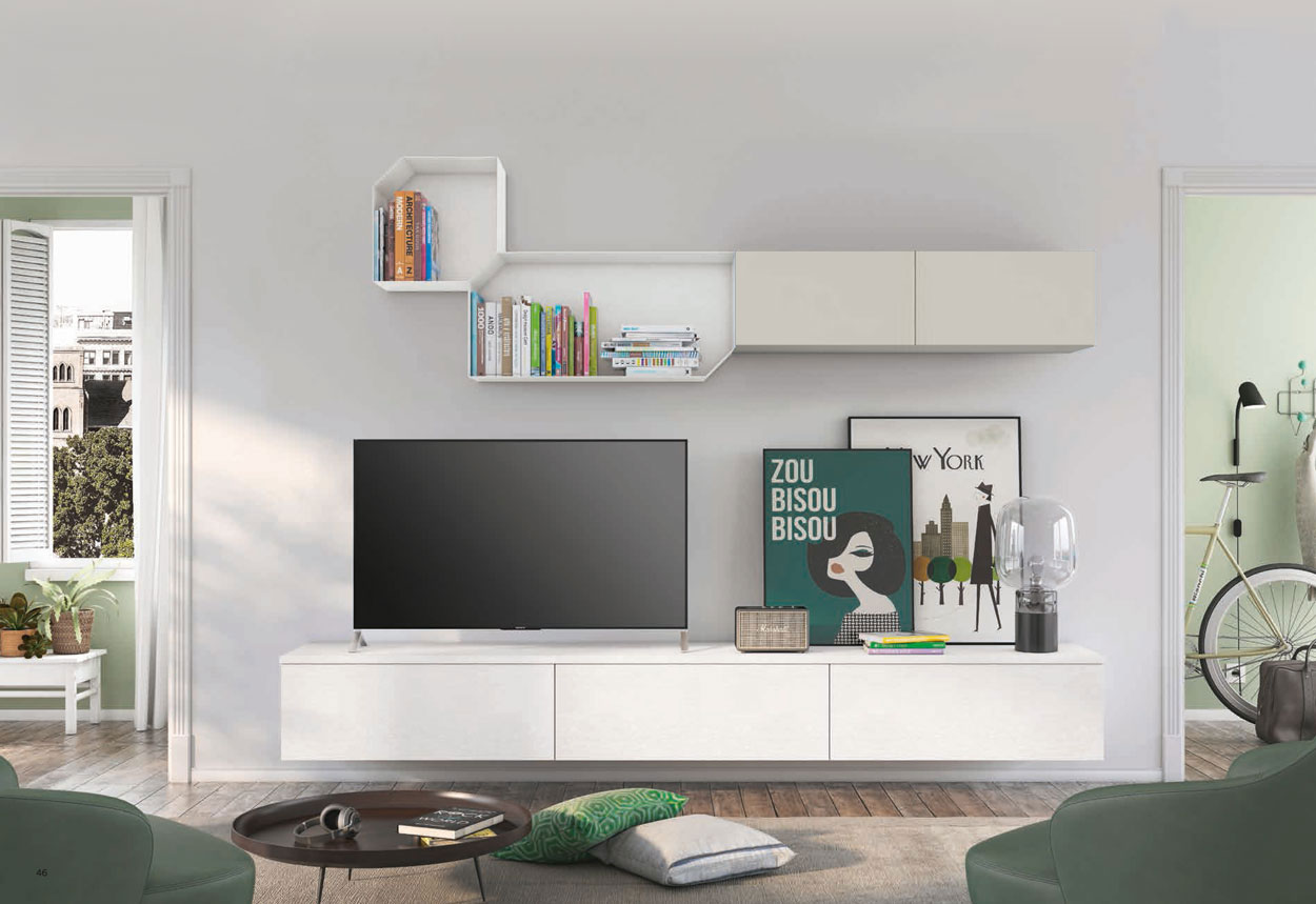 Parete attrezzata sospesa per zona living, rovere bianco e grigio dorian