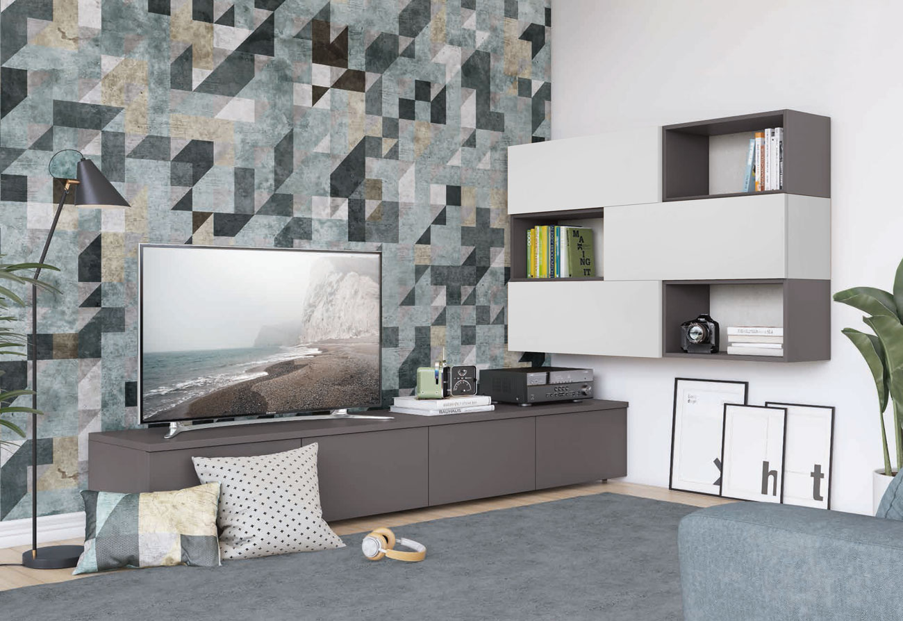 Parete attrezzata ad angolo con base TV e pensili con vani a giorno, titanio e bianco opaco