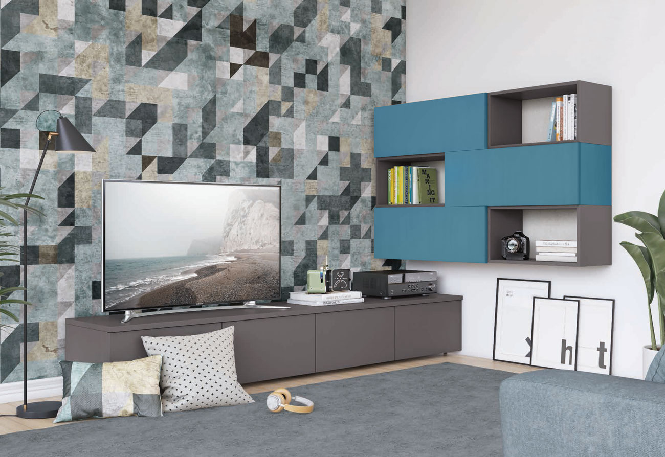 Parete attrezzata ad angolo con base TV e pensili con vani a giorno, titanio e cadaques