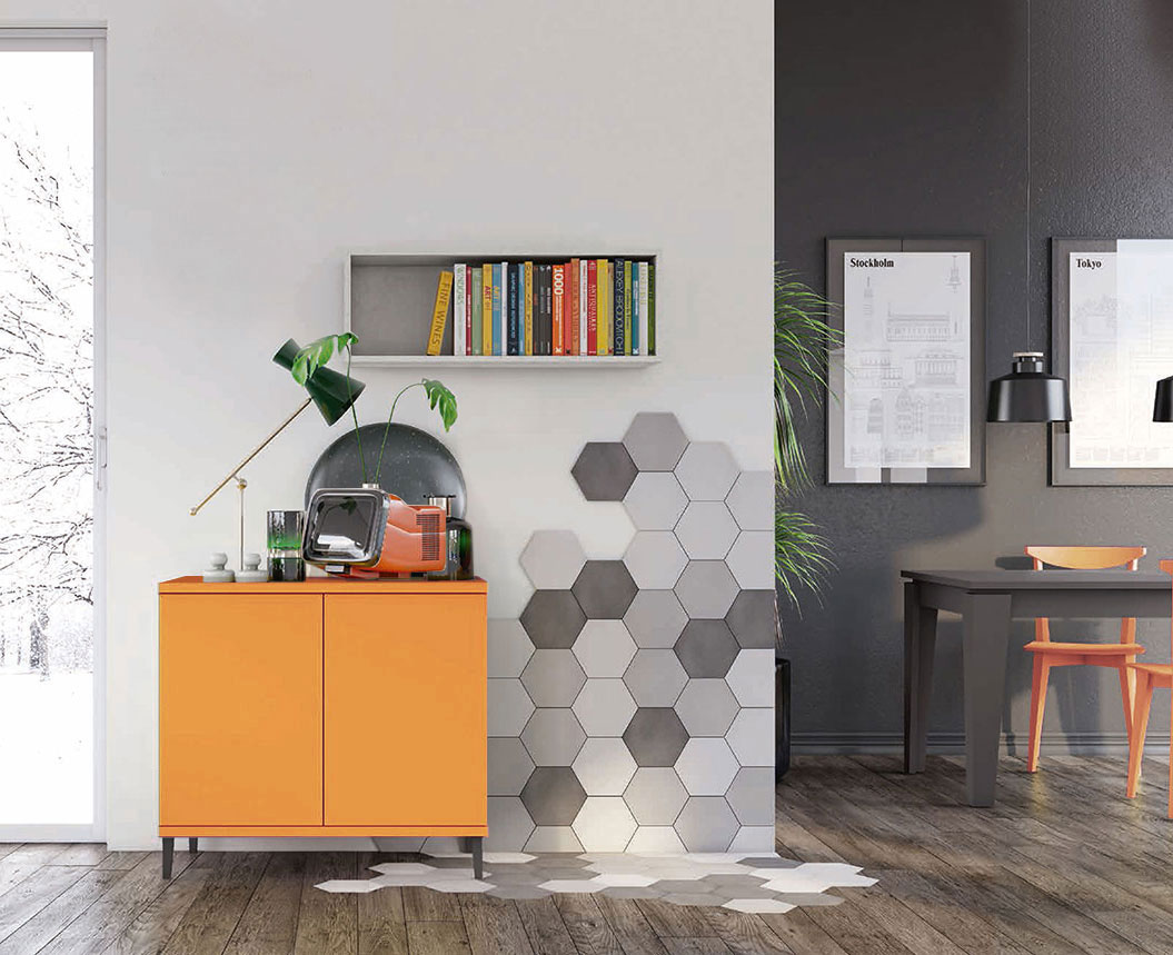 Madia moderna 2 ante con piedini in titanio, finitura Papaya