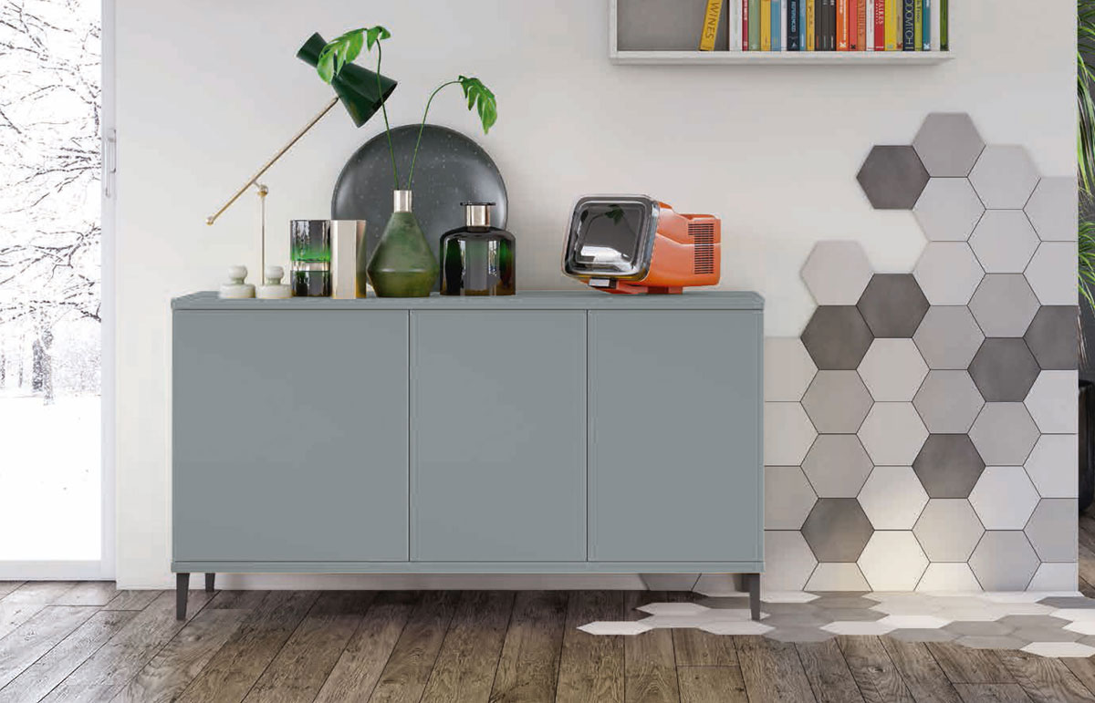 Madia moderna per soggiorno, finitura Cadaques con piedini in titanio