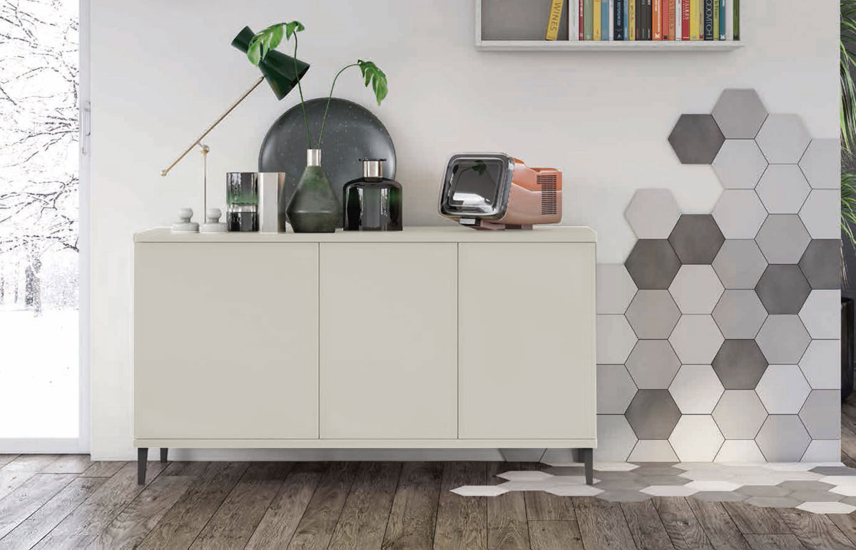 Madia moderna per soggiorno, finitura Grigio dorian con piedini in titanio