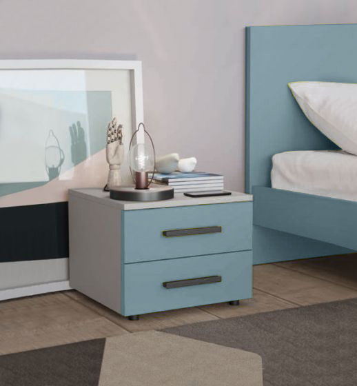 Comodino Master moderno, 2 cassetti, finitura Cadaques e Cemento artico