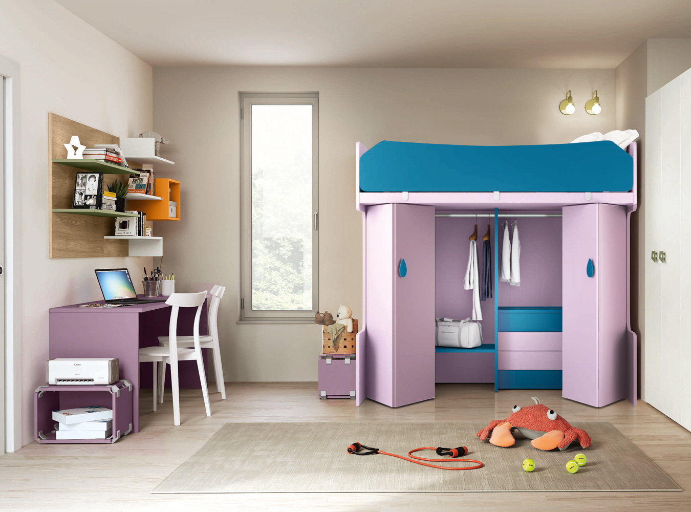 Letti a castello 1 posto letto e un armadio, Papaya e Oliva