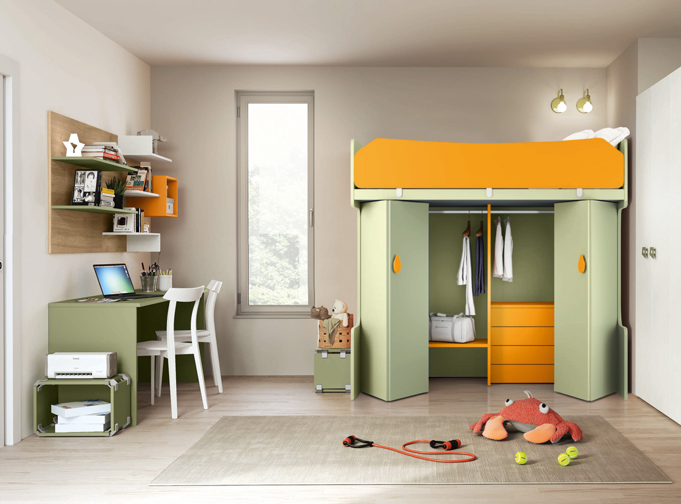 Letto a castello con armadio inferiore in finitura Cadaques e Papaya