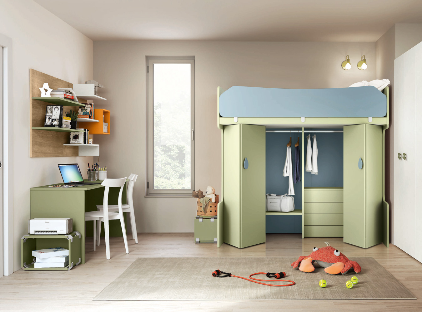 Letto a castello singolo con armadio, Noce brina e Miele