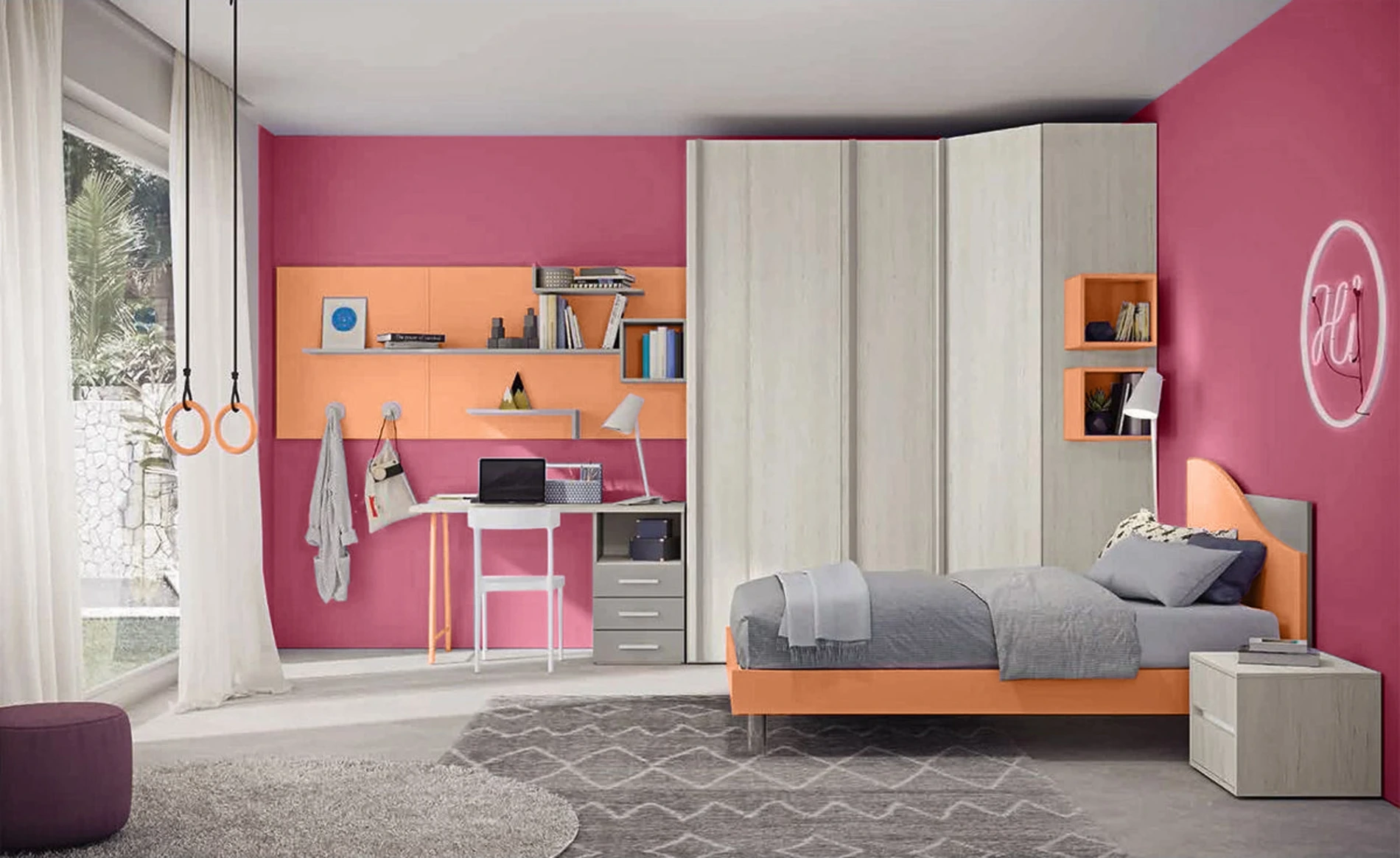 Cameretta completa con armadio angolare, finitura Rovere gesso, Grigio dorian e Papaya