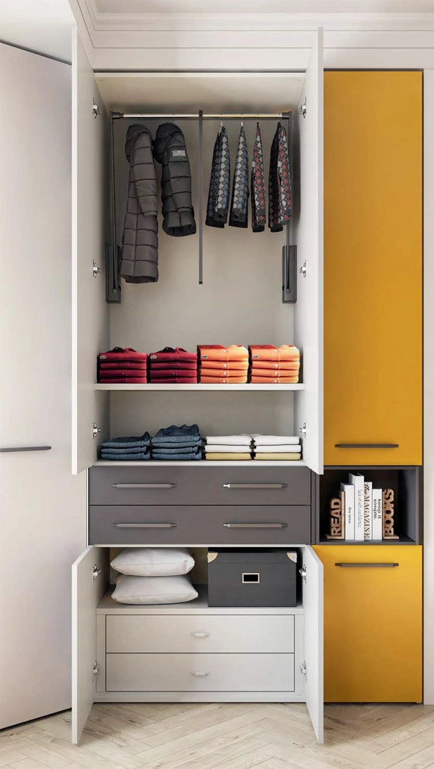 Armadio con cabina e cassetti, finitura Bianco luce, Antracite e Ocra Zenzero Shop