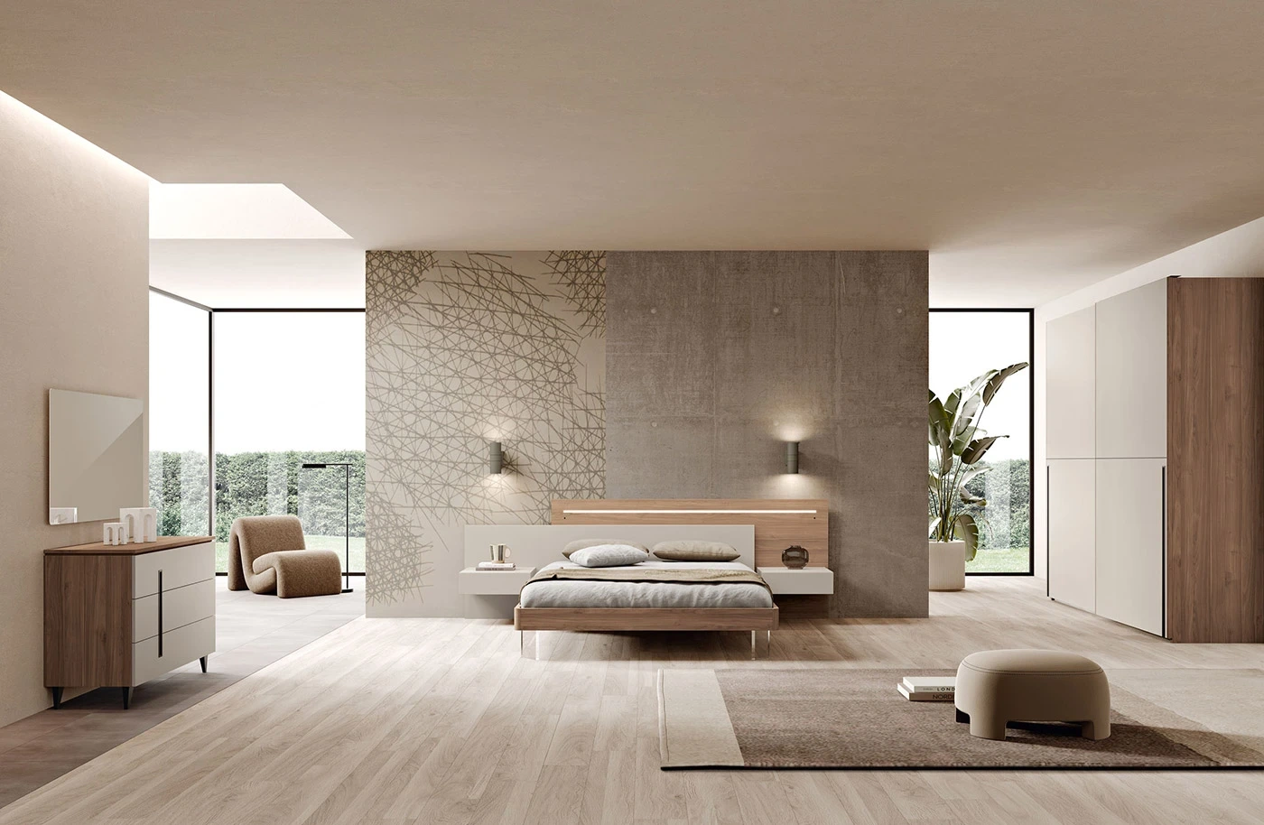 Camera matrimoniale con comodino sospeso, Sequoia honey e Corda