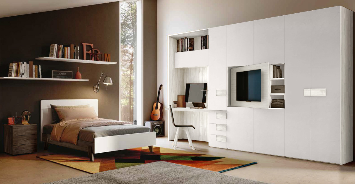 Armadio zona tv e scrivania, 7 ante in Bianco Altea e Bianco Opaco