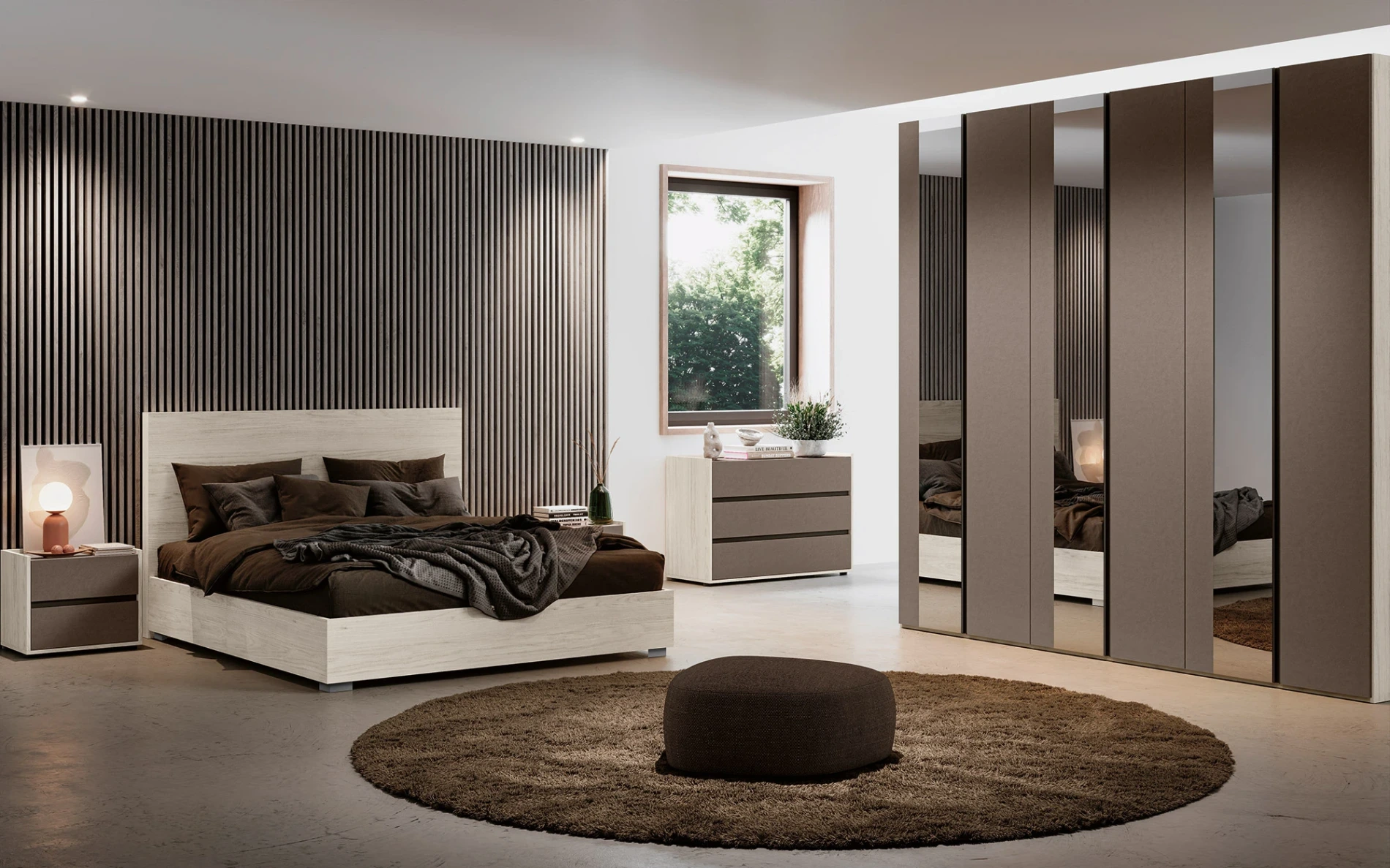 Camera da letto con letto contenitore, Bianco altea e Bronzo