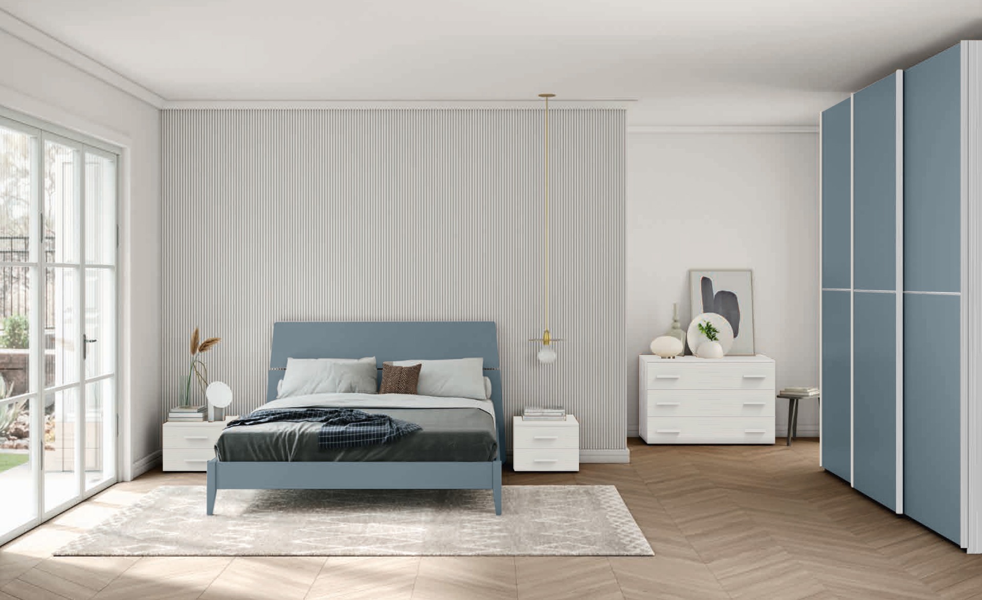 Camera matrimoniale Rovere bianco e Rovere gesso con armadio scorrevole