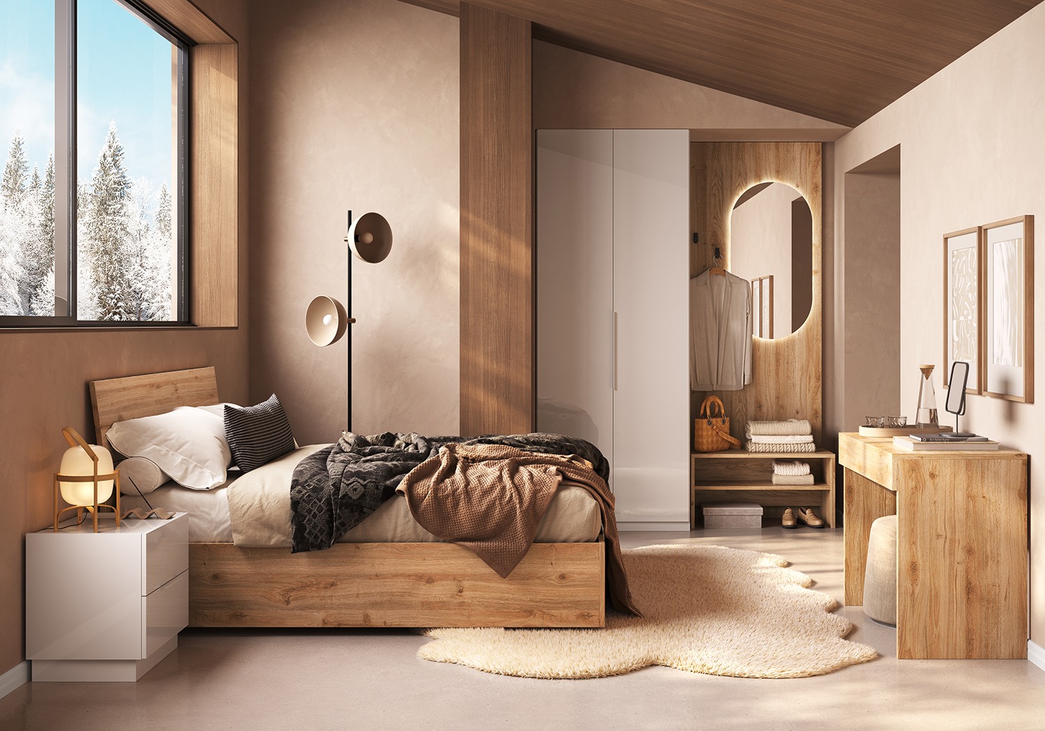 Camera matrimoniale armadio 2 ante, comodini e letto, Bianco lucido e Cadiz