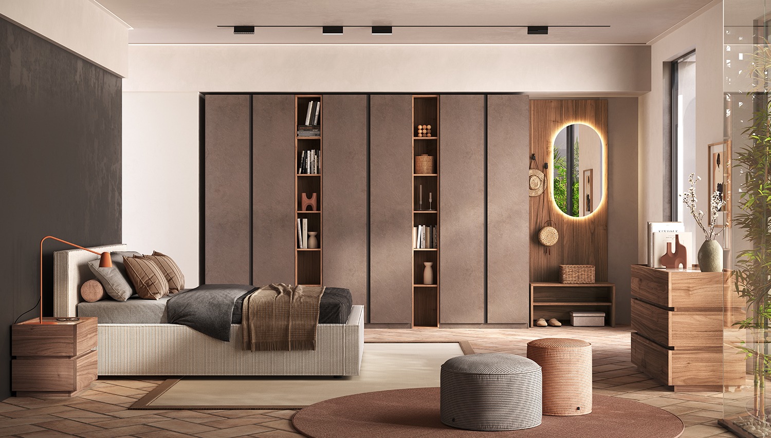 Comodino a 2 cassetti, finitura Mercure e Onice beige, L.55